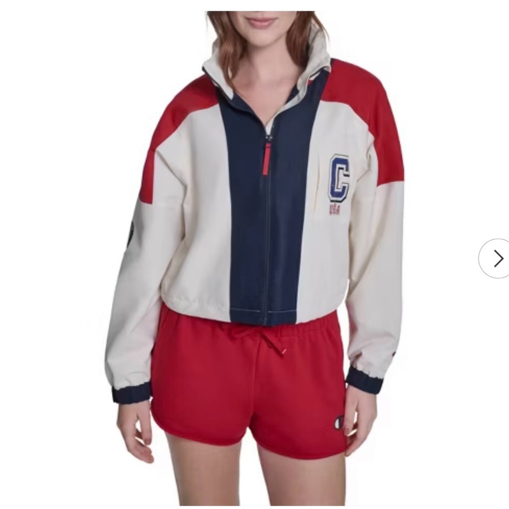 Champion Olympic Women USA Colorblock Cropped Zip Jacket in Red, Navy & Cream
